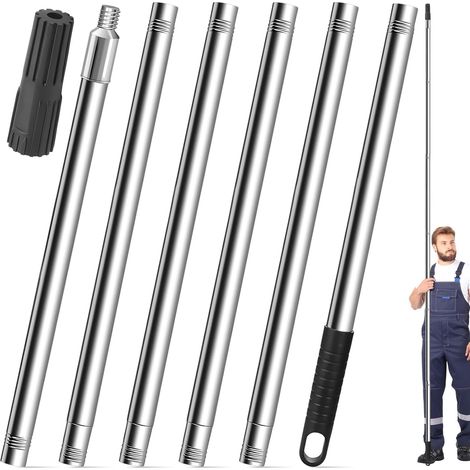 2.2M Kit Manche Telescopique avec Poignée PP, Perche Nettoyage Toiture Acier Inoxydable, Brosse Nettoyer Gouttière Extension, Canne Extensible Vitres 6 Segments pour Rouleau Peinture (1/5)