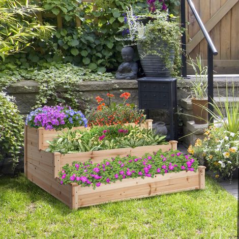 Outsunny Hochbeet 3-stufige Gartenbeet Pflanzenbeet Kräuterbeet Blumentreppe für Balkon Garten Natur Tannenholz 120 x 120 x 56 cm