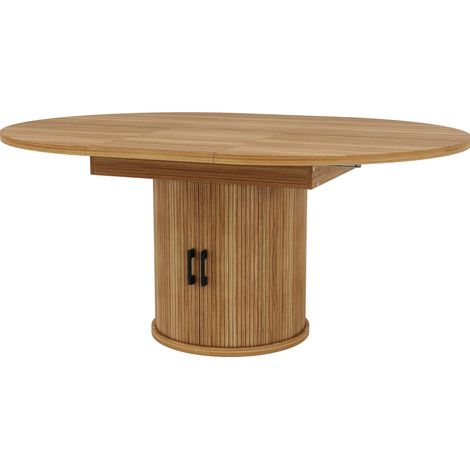 Ausziehbarer runder Esstisch aus MDF in Walnussoptik 118-158 cm mit Ablagefach (1/5)