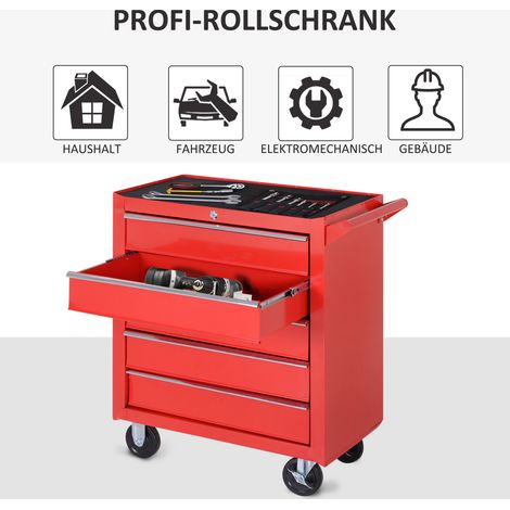 Chariot d'atelier à roulettes, meuble d'établi mobile 5 tiroirs verrouillable, dessus avec tapis EVA, charge max 150 kg, acier rouge, rouleur de rangement (1/5)