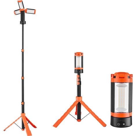 Lumière de chantier LED sur trépied, 6Ah, rechargeable sans fil, 3 têtes amovibles, 2200 lumens, 3000K-6500K, portable pour camping et travaux.