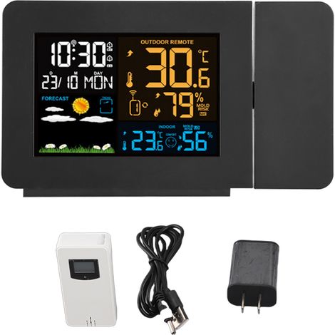 Réveil Projecteur Numérique Étanche Double Alarme Prévisions Météo 8h Capteur Sans Fil Température Humidité Confort Intérieur (1/5)