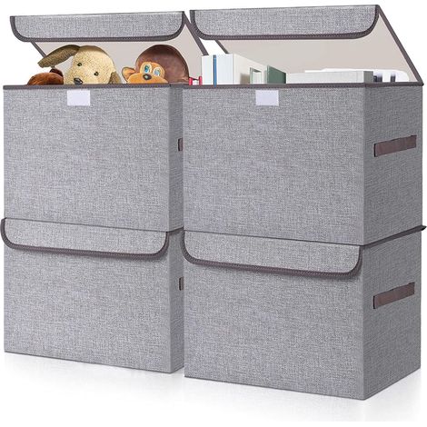 Großer Wäschekorb (22 Liter) mit Klappdeckel und Griffen, Aufbewahrungskorb für Kleidung und Decken, Büro, Kleiderschrank, grau, 4er-Set (1/5)