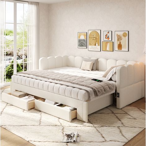 Cama nido extensible 90x200 cm beige en lino con 2 cajones y puertos USB/USB-C (1/5)