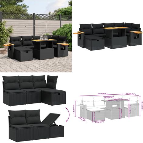 7-tlg. Garten-Sofagarnitur mit Kissen Schwarz Poly Rattan - Gartenmöbel - Gartensorte - Outdoor Möbel - Lounge Set - Rattan Gartenmöbel - Home & Living (1/5)