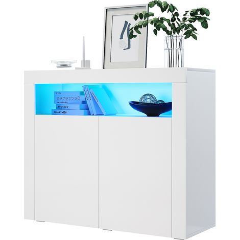 SONNI Kommode Weiß Sideboard Wohnzimmerschrank mit LED Beleuchtung Hochglanz B108xH92xT40cm
