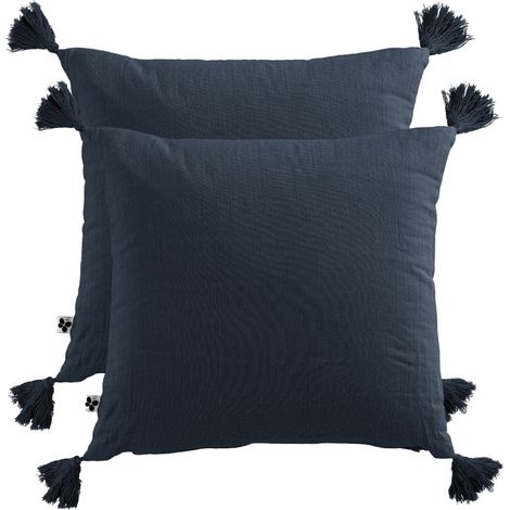 Lot de 2 coussins double gaze de coton bleu nuit avec pompons - PEPA (1/5)