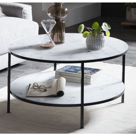 Table basse ronde double plateau en verre effet marbre blanc et métal noir Ø 80 cm - PANGIVO (1/5)