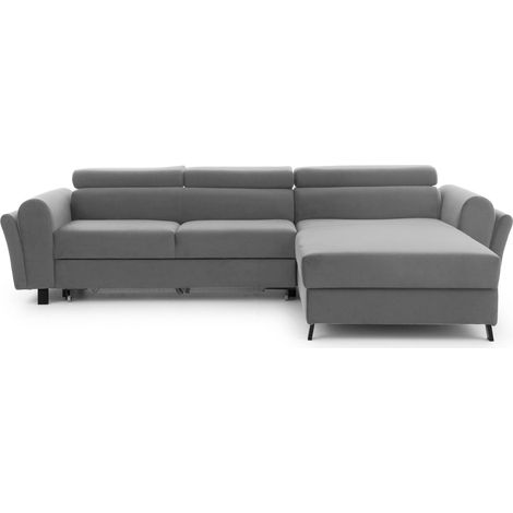 Canapé d’angle convertible MAZALI velours - Appuis-tête réglables et rangement A droite-Gris clair-Méridienne A droite (1/5)