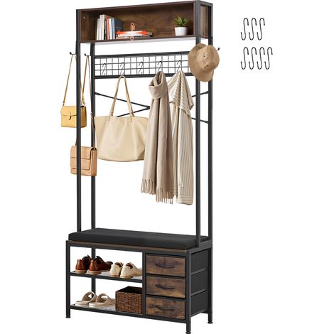 Mophorn Meuble d'entrée 180 cm avec porte-manteaux, banc à chaussures et 3 tiroirs,le couloir,la chambre ou le dressing. Vestiaire autoportant doté de crochets, espaces de rangement en haut et en bas (1/5)
