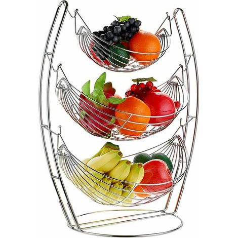 Panier à fruits hamac à 3 niveaux suspendu en fer, support de table décoratif en métal pour fruits, pain, collations – bols à fruits modernes pour table de cuisine à domicile (argent) (1/5)