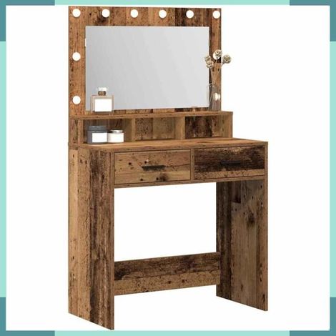 Table de toilette - 865089 - Bois ancien - Avec 2 tiroirs - Miroir éclairé USB (1/5)