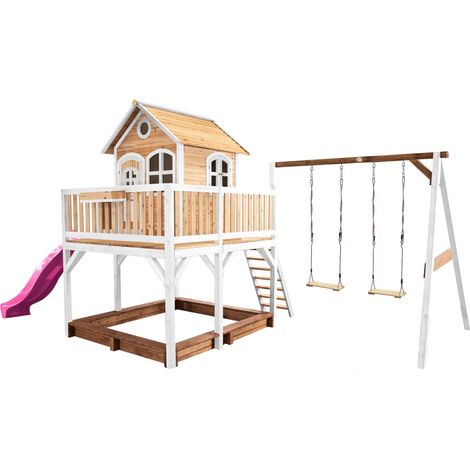 Axi Liam Maison Enfant Avec Bac À Sable, 2 Balançoires & Toboggan Violet  Aire De Jeux Pour L'Extérieur En Marron & Blanc  Maisonnette / Cabane De Jeu En Bois Fsc