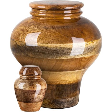 Urna cineraria in legno di mango. Urna cineraria a forma di vaso con effetto legno. (1/3)