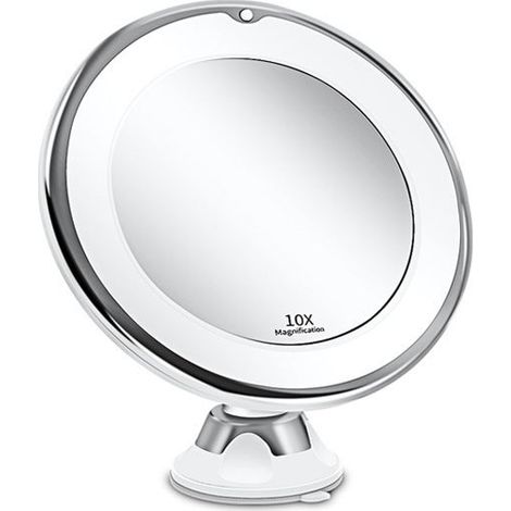 Miroir Grossissant 10x Lumineux LED avec Forte Ventouse, Batterie - Miroir Maquillage avec Lumière Natur Dimmable pour Les Salles de Bain(Blanc) (1/5)