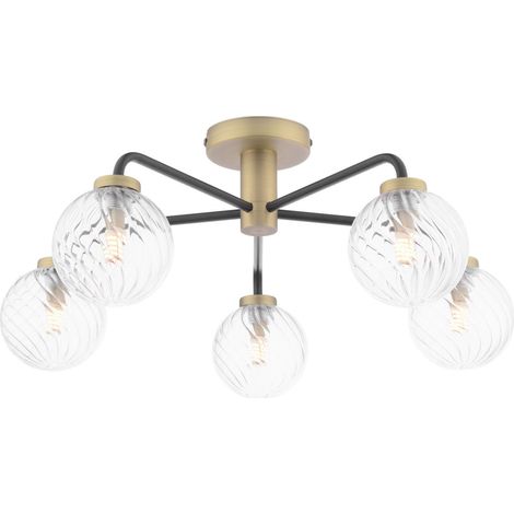Dar Lainey Plafonnier semi-encastré Lainey à 5 lumières, noir mat et laiton antique, avec verre torsadé (1/3)