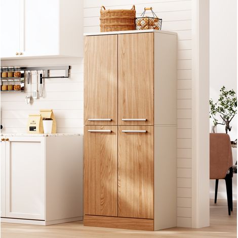 REDOM armario despensa de cocina 76x42x180 cm, 4 puertas, estantes ajustables, MDF blanco y natural (1/5)