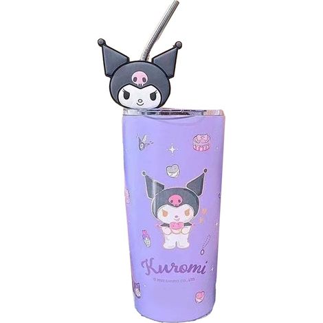 Gobelet isotherme avec couvercle et paille en acier inoxydable, motif anime mignon, pour café glacé, idéal pour le bureau, les voyages et la maison (violet). (1/5)