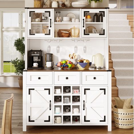 MODFU – Aparador alto 120x40x170 cm de MDF con LED, puertos USB, portavasos y botellero para cocina – Blanco (1/5)