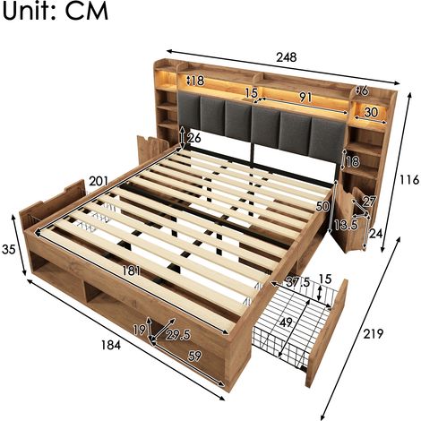 Lit 180x200 cm en chêne avec sommier bois, tête de lit capitonnée lumineuse LED, tables de chevet avec chargeurs USB-C, tiroirs coulissants et espaces de rangement (sans matelas)