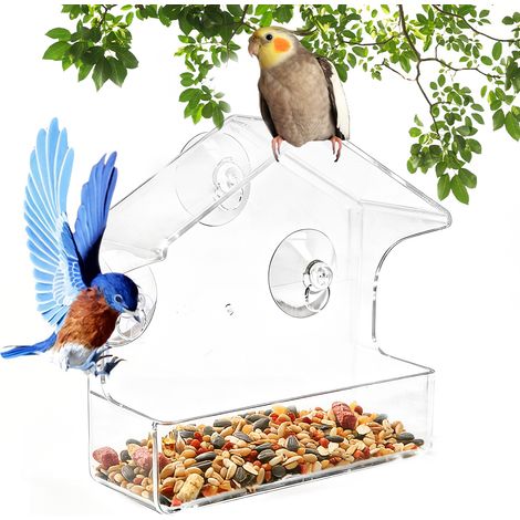 Großes, transparentes Vogelfutterhaus mit Saugnapf und Abflusslöchern (1/4)