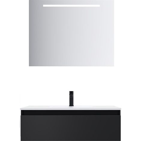 Meuble de salle de bain suspendu vasque intégrée 90cm 1 tiroir Noir + miroir - Hudson (1/5)