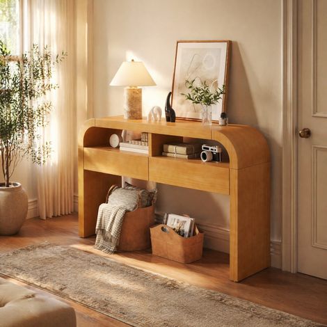 Console d'entrée étroite avec 2 tiroirs, pieds réglables et finition naturelle HAVRYA (1/5)