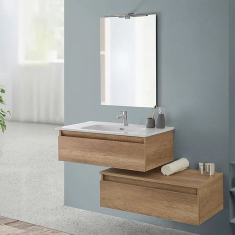 Mobile bagno sospeso 90 rovere naturale con base lavabo e cassetto Nadia (1/5)