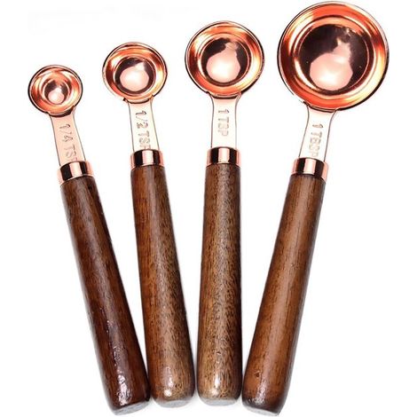 Set di 4 cucchiai dosatori in acciaio inox con placcatura in rame e manici in legno di noce. (1/5)