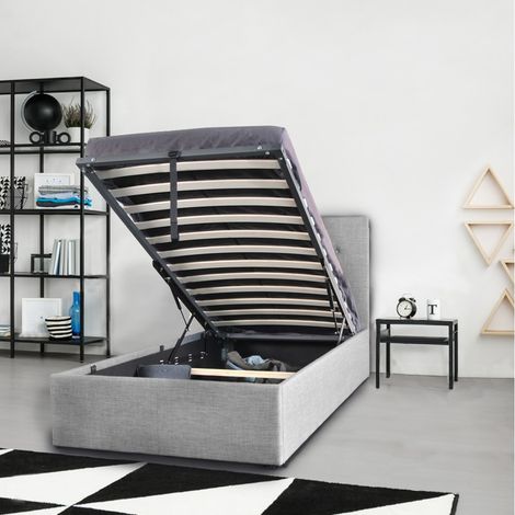 Le Quai Des Affaires – Lit coffre PARMA 90x190 – Grand coffre de rangement 417L – Tête de lit capitonnée – Sommier 12 lattes en bois – Gris clair (1/5)