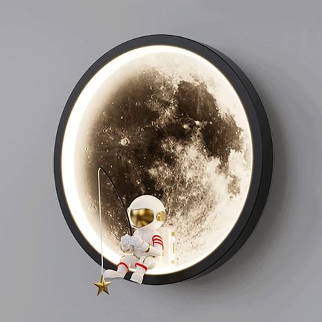 Applique murale ronde lune, applique murale planète en métal avec abat-jour en acrylique, applique murale astronaute créative, appliques murales LED à intensité variable, appliques murales min (1/5)