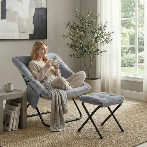 Poltrona relax con sgabello, 72 x 76 x 78 cm, pieghevole Lazy Chair in peluche, con tasca laterale e robusta struttura in metallo per angolo lettura, appartamento, soggiorno, camera da letto (1/5)