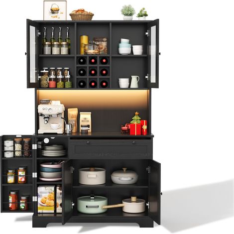 Aparador de Cocina Alto con 5 Puertas y 1 Cajón, LED y Enchufes, Estantes Ajustables, en MDF, 105x40x180 cm, Negro