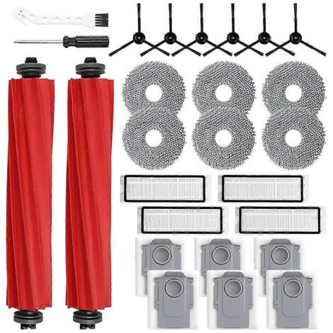 Lot de 26 accessoires de rechange pour aspirateur robot Roborock Q Revo : brosse principale, filtre HEPA et sacs de nettoyage.