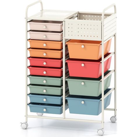 14-Drawer Rolling Storage Cart with Metal Top & Pegboard