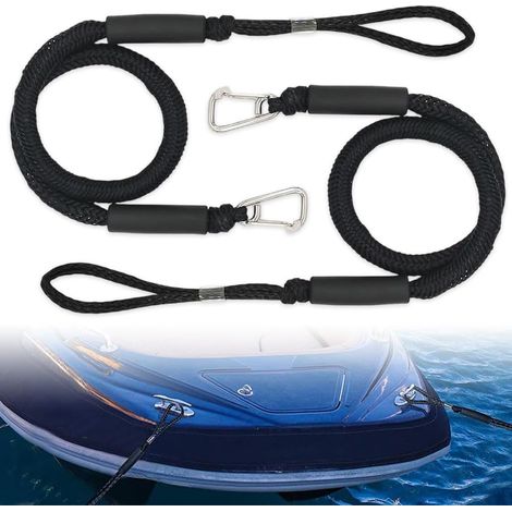 2 Pcs Cordon Bateau, Bungee Dock Line avec Crochet, Double Corde de Dock Tressée, Corde Élastique Amarre pour Bateau Accessoires pour Bateaux, Jet Ski, Ponton, Kayak (Noir) (1/5)