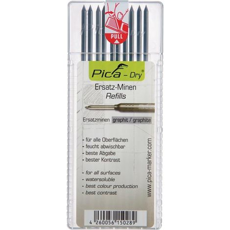 Etui de 10 mines Pica Dry graphite noir – Mines solubles à l'eau – Précision d'écriture – Résistance à la casse – 4030