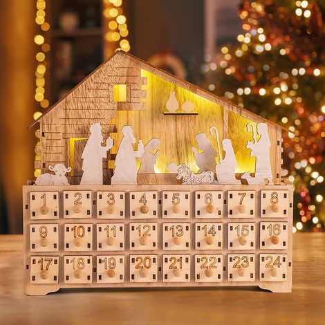 Creative rotating LED Christmas calendar, 24-hour countdown, drawer calendar for home, wooden Christmas ornaments (1/5)