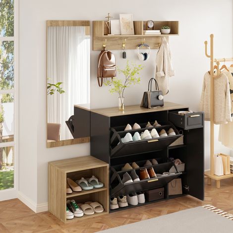 Conjunto de recibidor 139.5x35x166 cm natural y negro en tablero de partículas con zapatero, banco, perchero y espejo (1/5)
