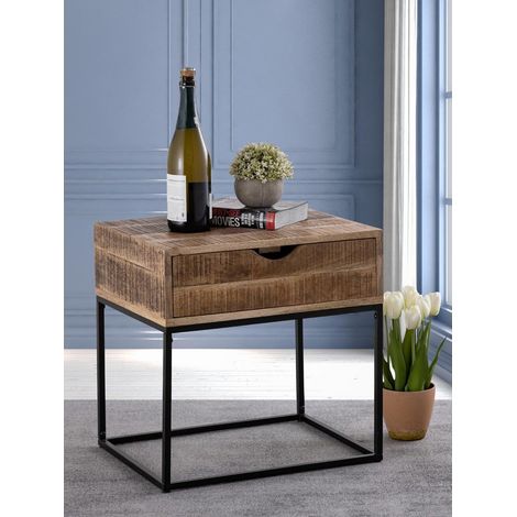 Table de Chevet Maya en Bois de Manguier Recyclé et Métal Noir avec Tiroir 45 x 45 x 35 cm - PANGIVO (1/5)