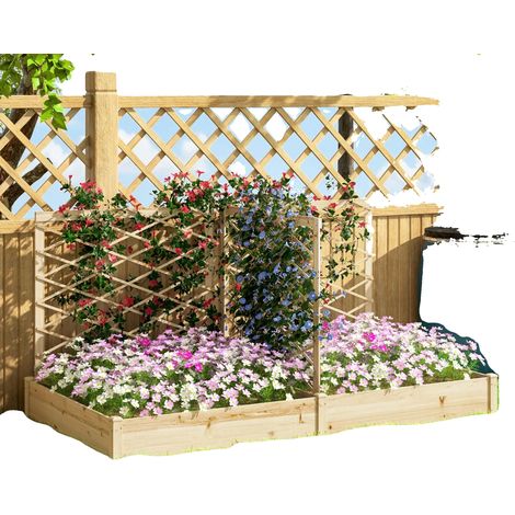 Huerto elevado de madera, 222 cm de largo, 114 cm de ancho, 109 cm de alto, 2 jardineras, 3 enrejados (1/5)