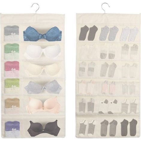 Organizzatore per reggiseni da appendere, contenitore a doppio scomparto per biancheria intima, calze, cravatte, gioielli e piccoli oggetti. (1/5)