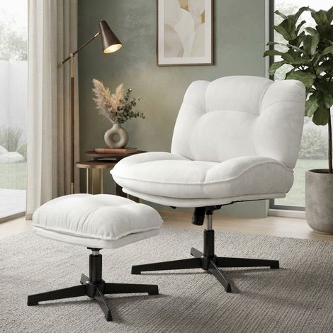 Fauteuil Relax avec Repose-Pieds, Chaise de Salon Pivotante et Ergonomique, Style Moderne, Blanc Crème (1/2)