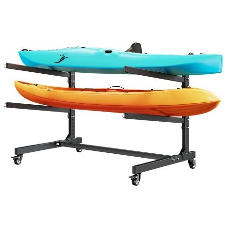 Estante de Almacenamiento para 2 Kayaks, Capacidad de Carga hasta 80 kg, Estantería Independiente con Ruedas con Freno, Interior y Exterior, Ajustable para Tabla de Surf Canoa Remo Barco Pequeño (1/5)