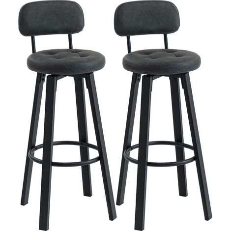 Set di 2 sgabelli da cucina alti e girevoli, rivestiti in similpelle con schienale, struttura in metallo e poggiapiedi, colore grigio scuro.