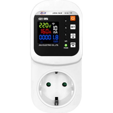 Prise Intelligente WiFi TY APP 16A avec Écran LCD, Réinitialisation Automatique, Tension d'Entrée AC 140-300V, Protection Surcharge,Protecteur Automatique Tension et Courant, Compteur Wattmètre Numéri