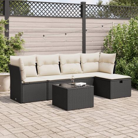 Ensemble Salon Jardin 6 Places Noir Résine Tressée avec Coussins Crème - 2 Sièges Angle + 2 Centraux + Table + Pouf - Stockage Intégré (1/5)