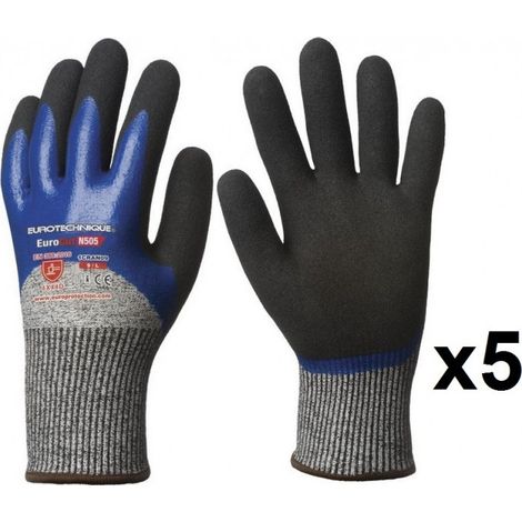 5 paires de gants anticoupure HPPE double enduction 3/4 nitrile N505 EuroCut - Taille: 9