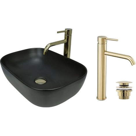GTM Design Aufsatzwaschbecken 46 cm Matt Set mit Waschtischbatterie und Stopfen - Aufsatzwaschbecken Oval für Badezimmer - Modernes Waschbecken ohne Hahnloch - Waschbecken mit Armature (1/5)