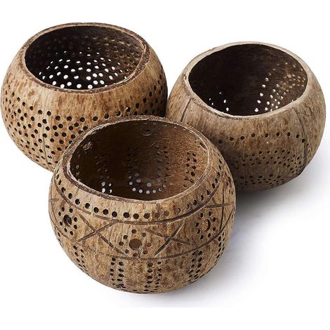 Kerzenhalter aus Kokosnussholz (3er-Set) mit Teelichtern mit Kokosduft – Boho-Dekor, Votivkerzenhalter (1/5)